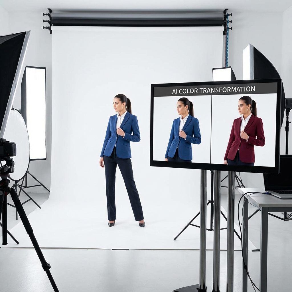 A model in a studio changing their outfit color via AI.