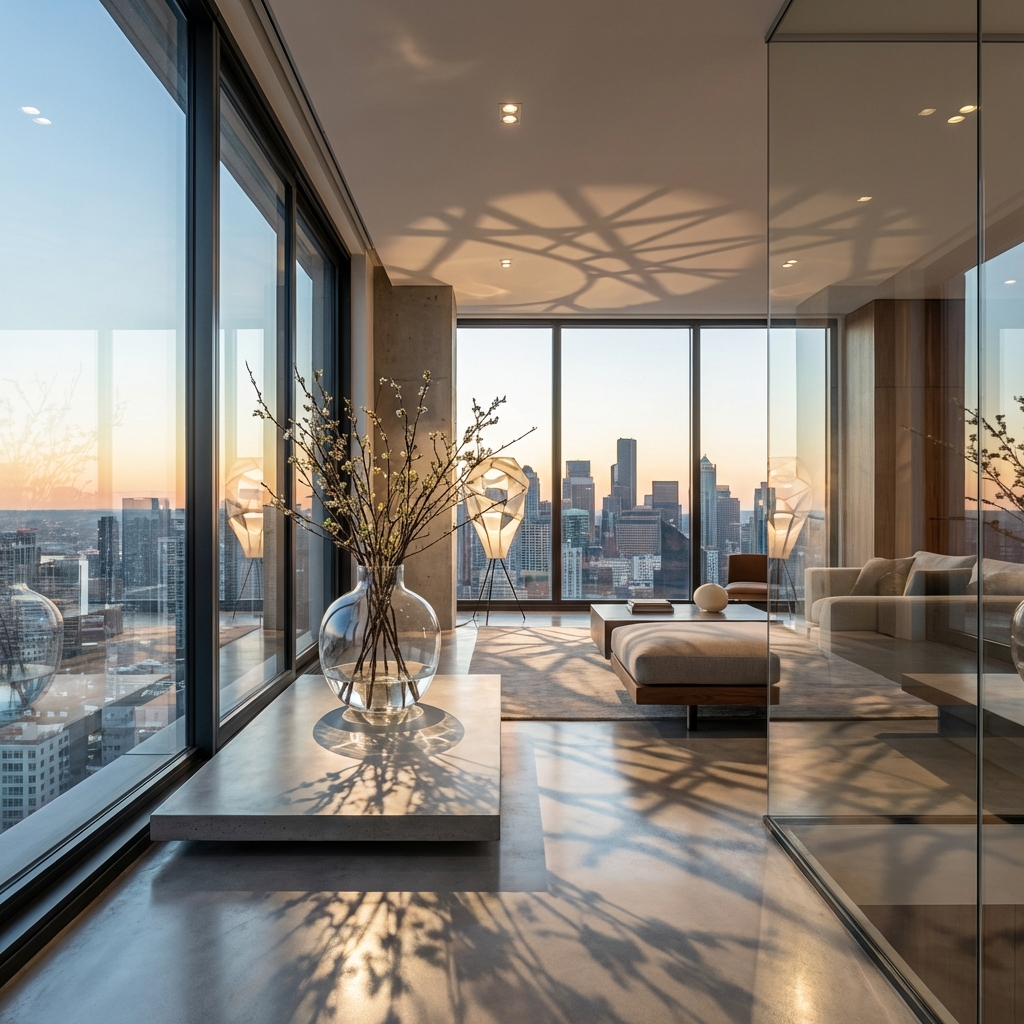 A complex scene with glass reflections and shadows being perfectly corrected.